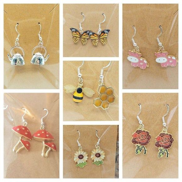 Jewelry - Enamel Charm Earrings lot! Garden Flowers Bee Mushroom Butterfly Cottage theme
